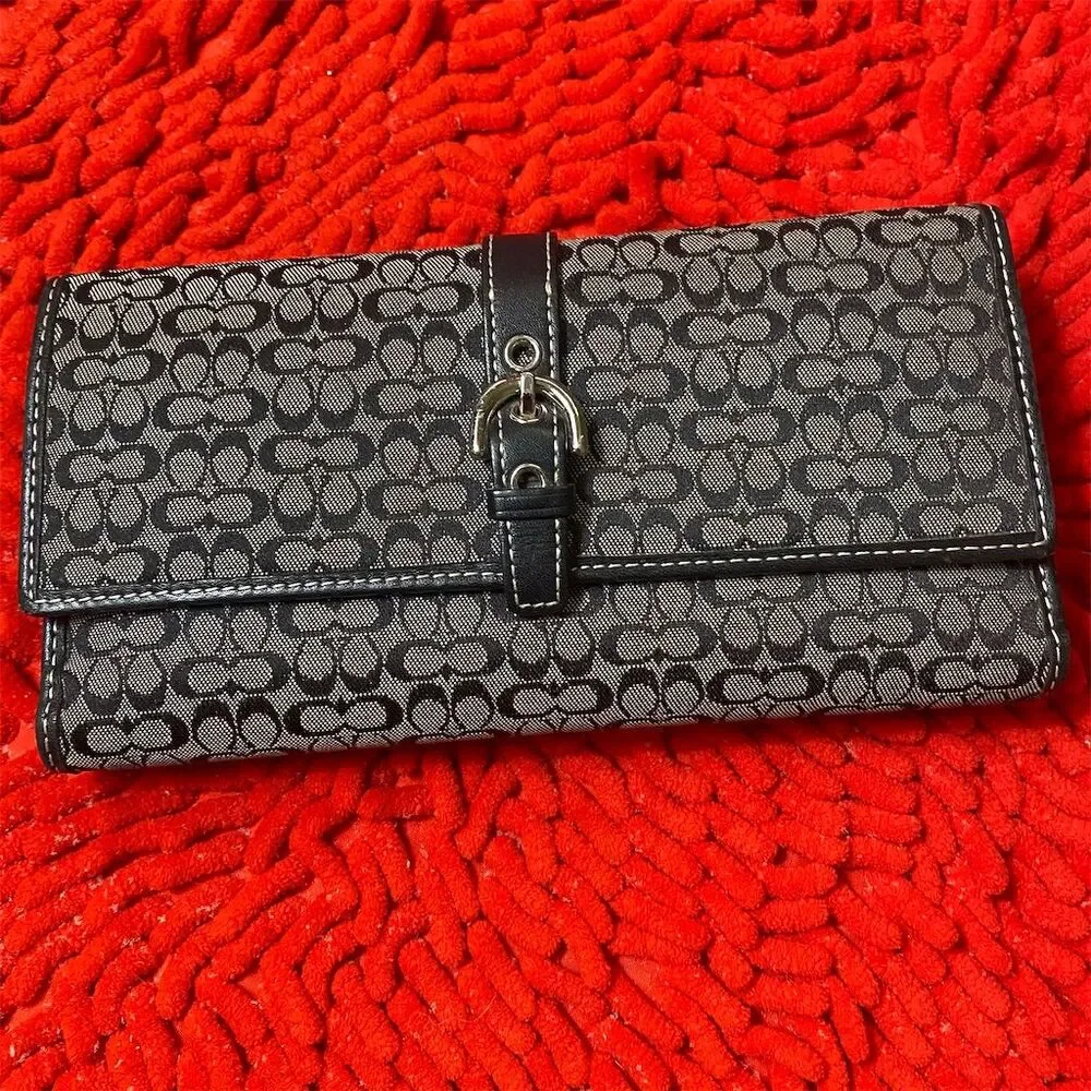 Vintage Coach Women's Black Jacquard Trifold Wallet Checkbook Holder